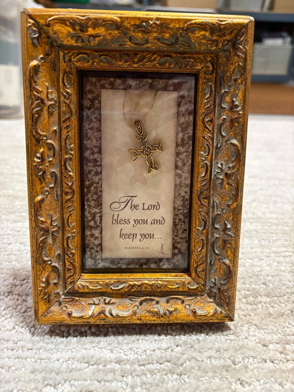 Gold Ornate Religious Picture Frame with Celtic Cross Accent & Numbers 6:24